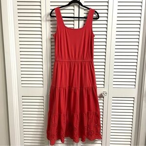 Talbots Womens Coral Midi Dress Sleeveless Tiered Eyelet fit & flare Summer Sz M